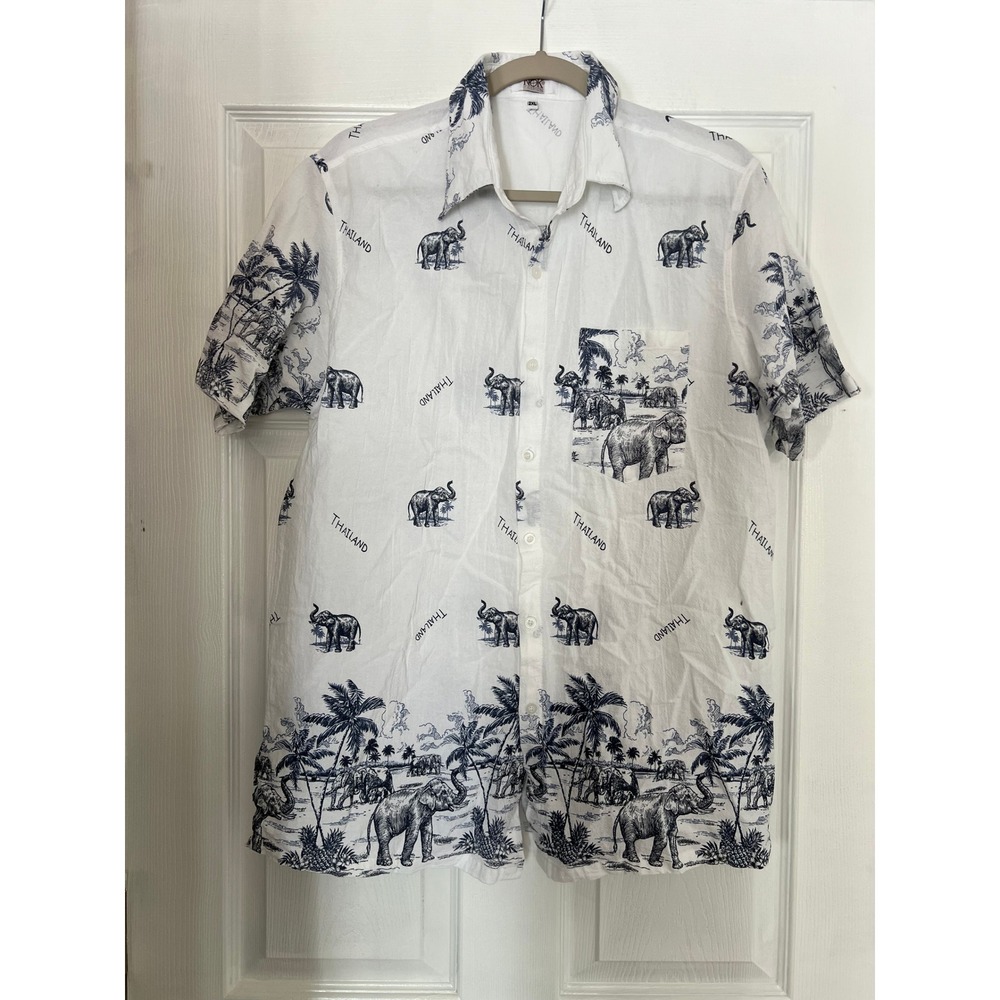NOK Fashion Button Down Shirt Cotton Crinkle Thailand Elephant Tropical 2XL Boho